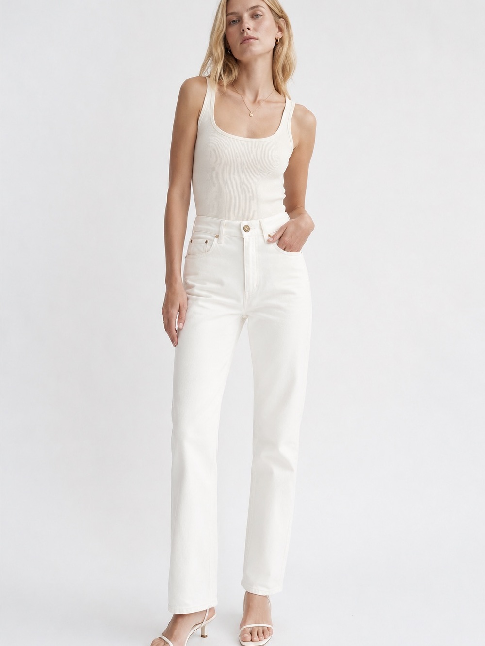 POSSE High Rise Straight Leg Cropped Jeans White 25 100% Cotton